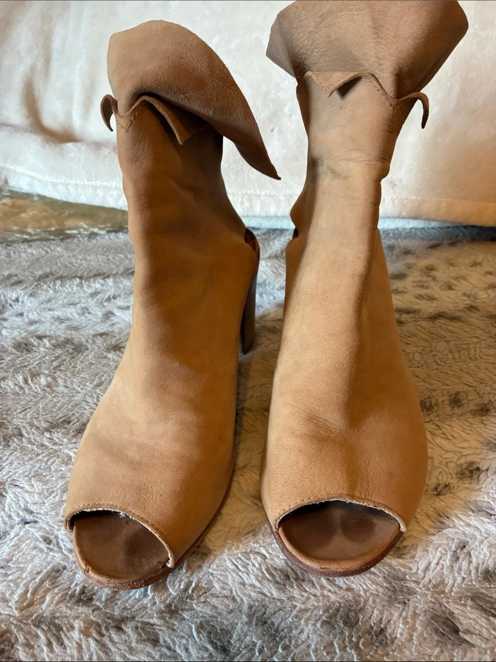 Free People Tan Suede Peep-Toe Stacked Heel Booties- Size 38